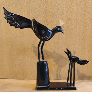Hand-Carved Black Horn Bird & Chick Figurine