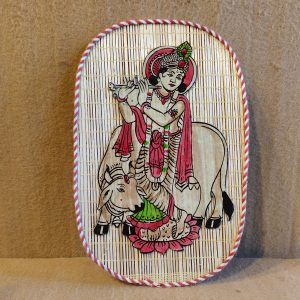 Hand-Painted Lord Krishna on Bamboo Mat Wall Hanging