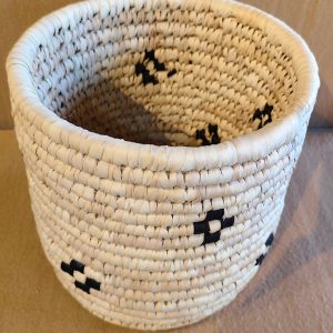 Hand-Woven Natural Fiber Basket with Black Pattern