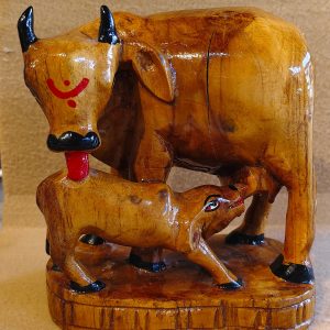 Hand-Carved Wooden Cow and Calf Sculpture