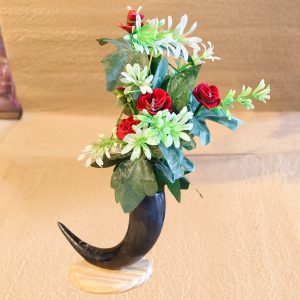 Hand-Carved Horn Vase with Artificial Floral Arrangement