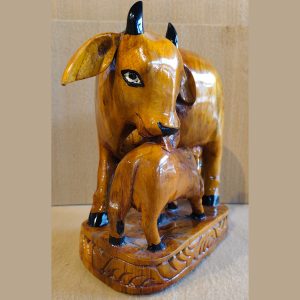 Hand-Carved Wooden Cow and Calf Figurine